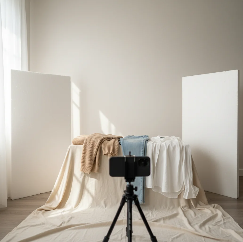 Flat-lay shirt on white foam board near a window, phone shooting overhead.