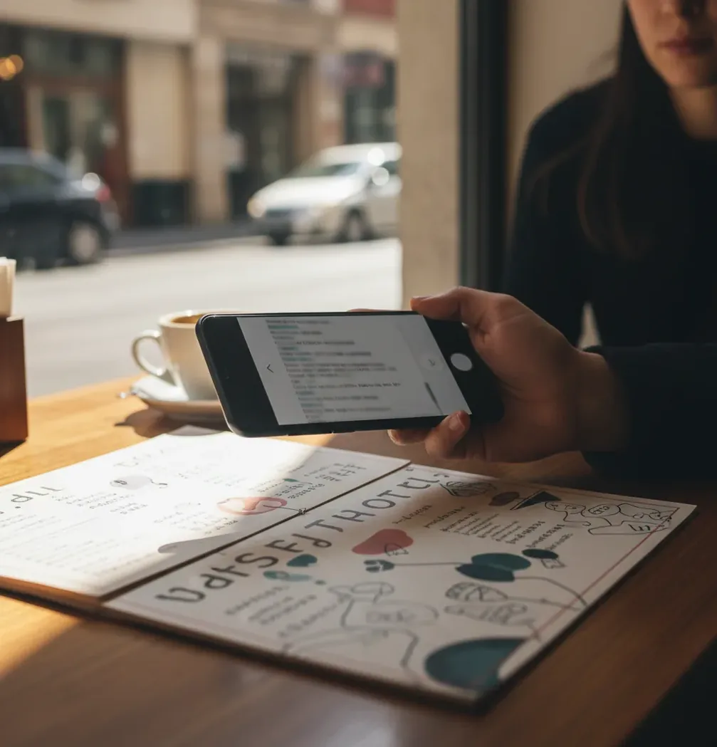 Phone camera pointing at a foreign menu with a clear translated overlay on screen