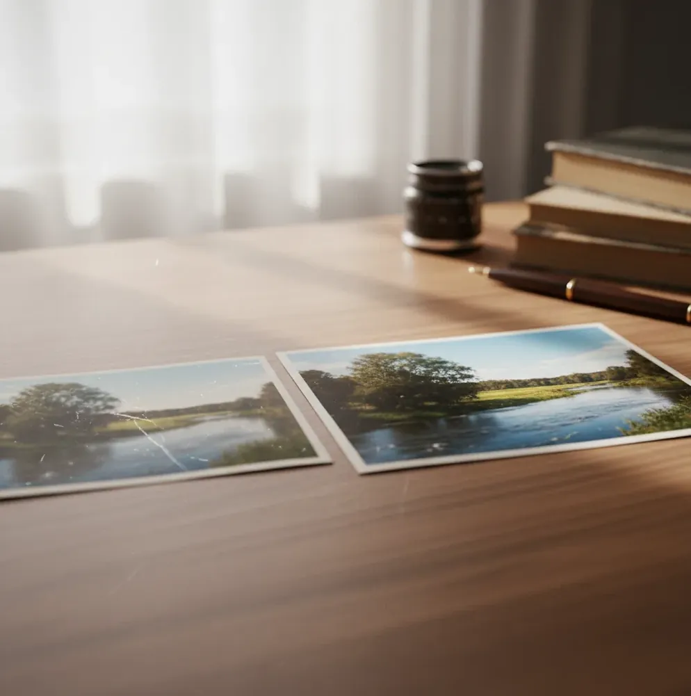 Side-by-side comparison of a blurry photo restored with AI deblurring and sharpening.