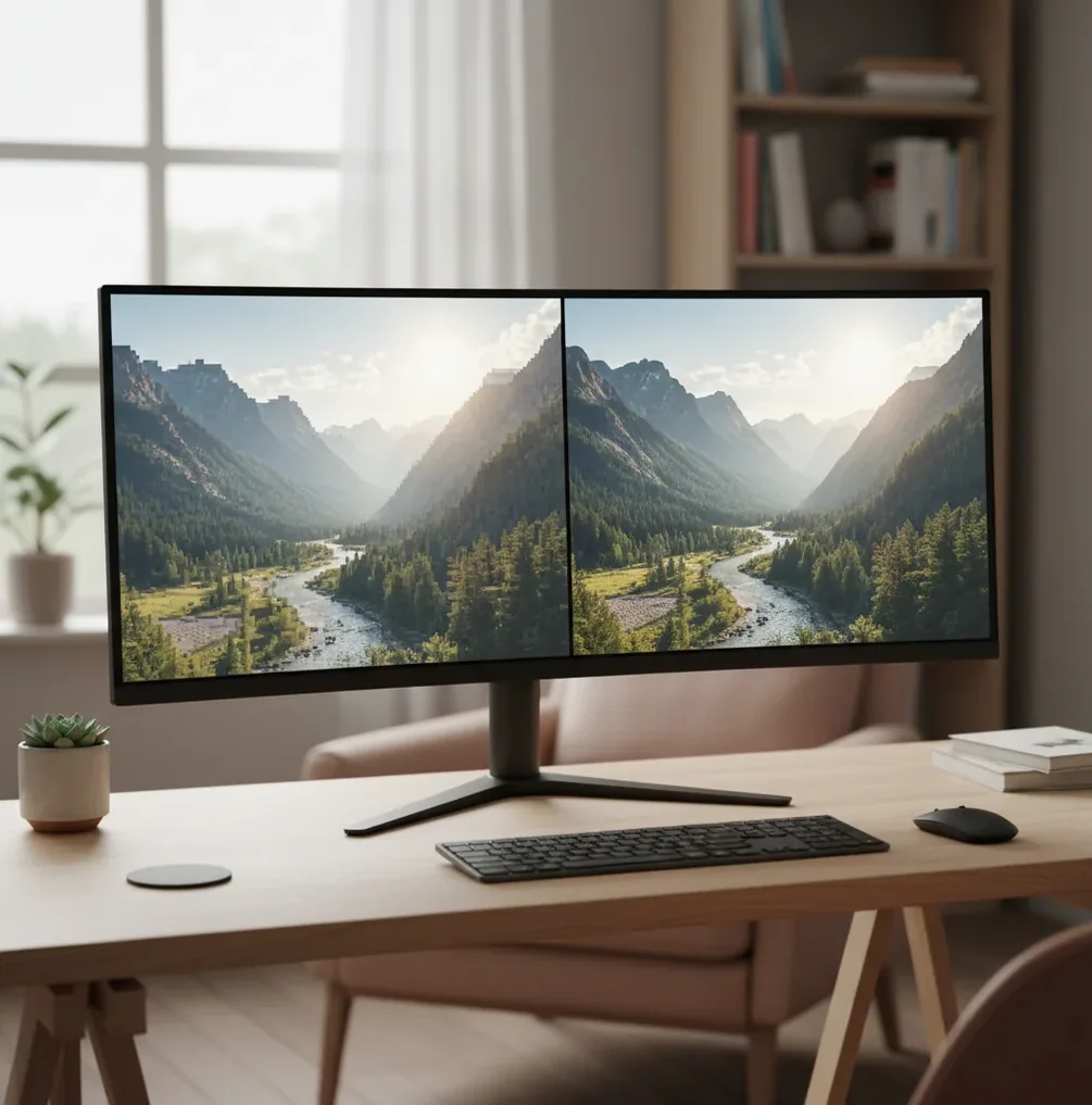 A pixelated photo preview beside a sharper 4x upscaled version on a desktop monitor
