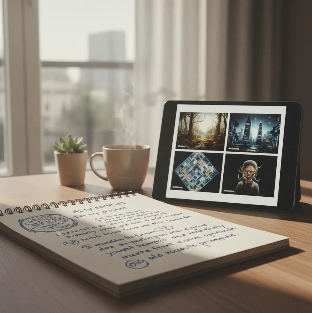 Notebook beside generated images showing prompt tweaks changing lighting, camera angle, and background detail.