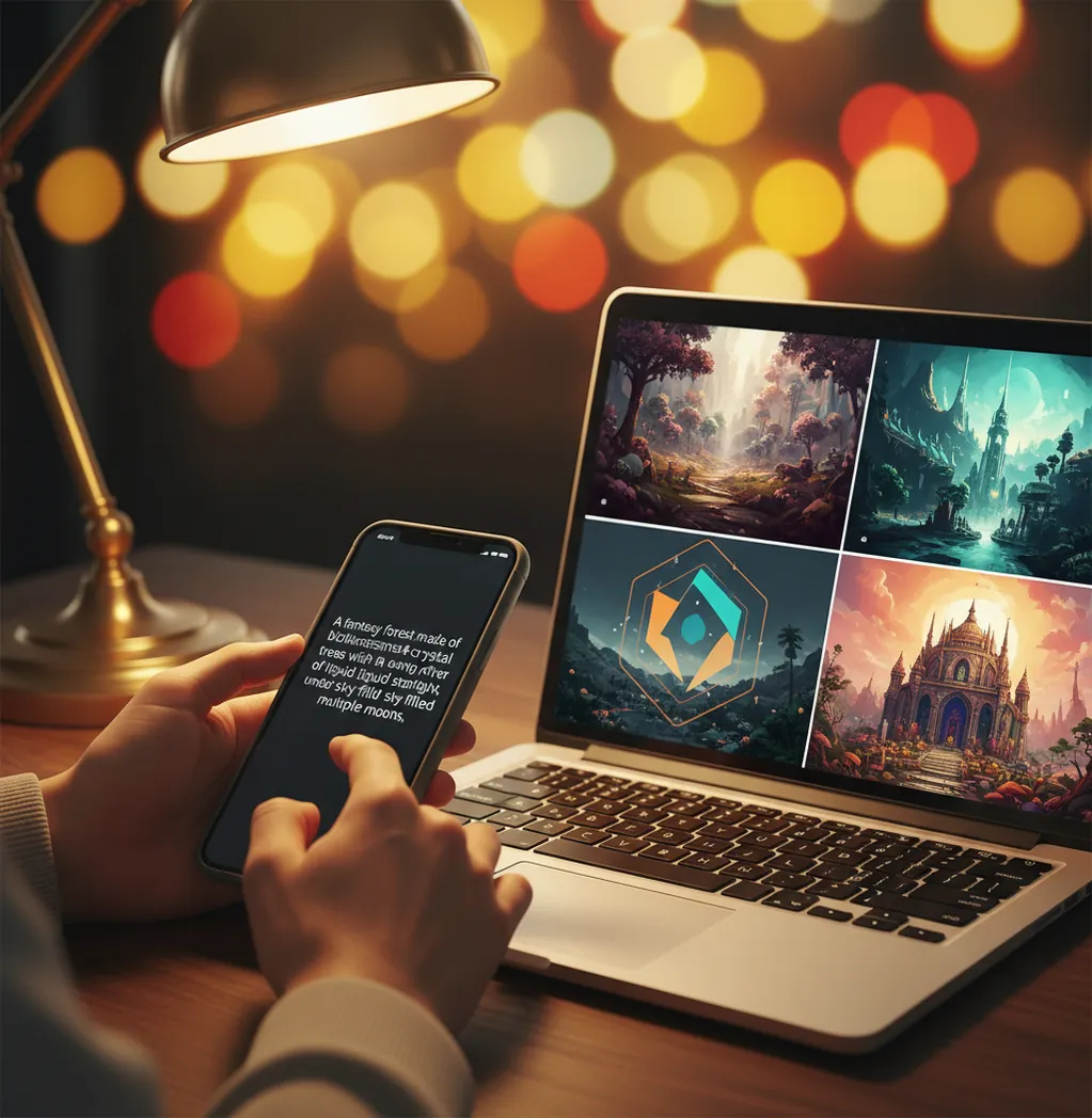 Person typing a text prompt on a phone while AI images render on a laptop