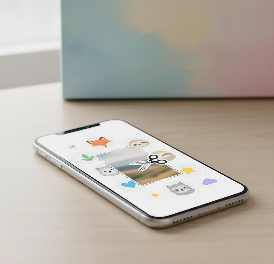 A phone screen showing cute AI sticker designs and a photo cutout ready to export.