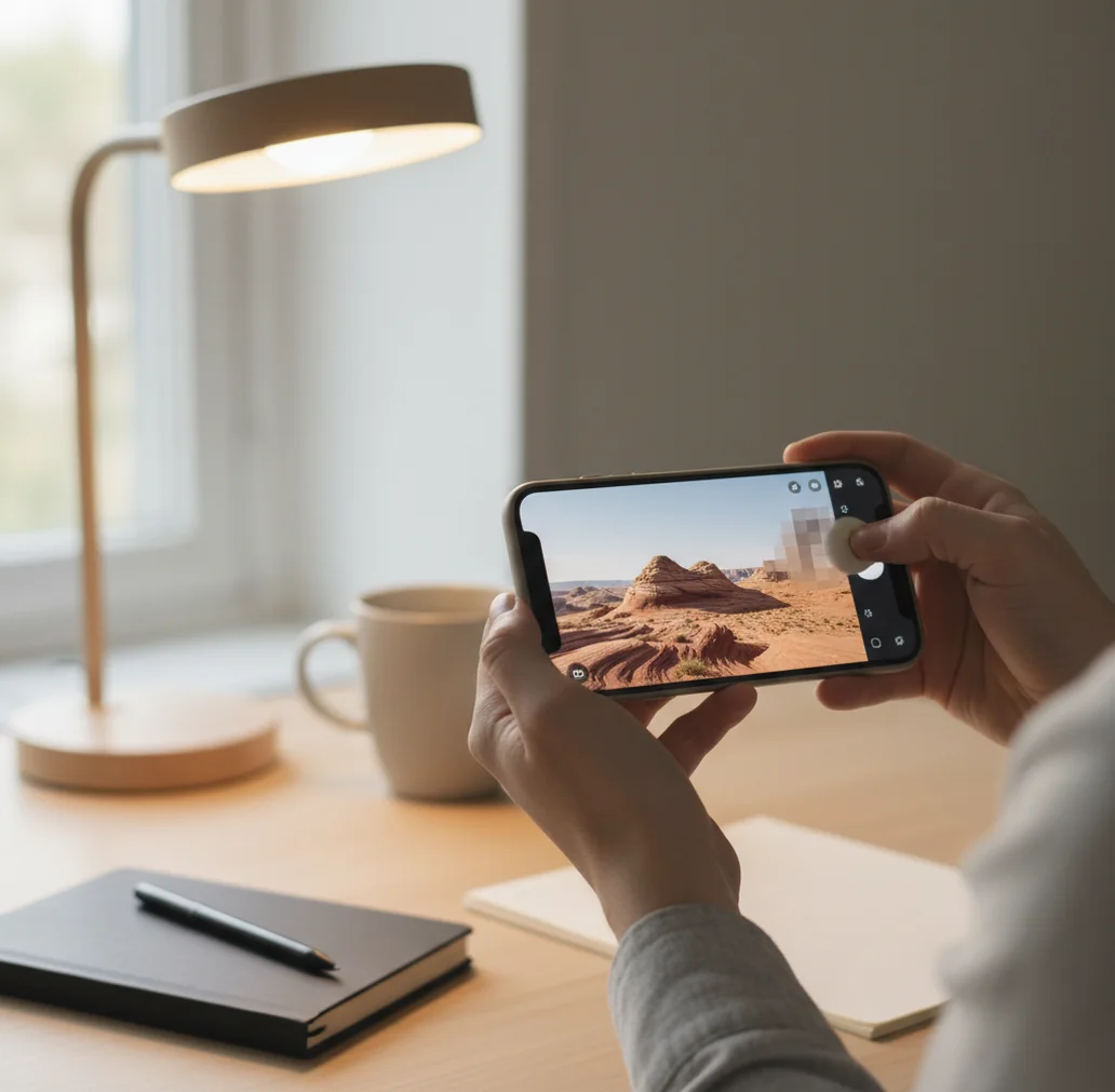 Phone editing an image while a faint watermark fades on a clean background