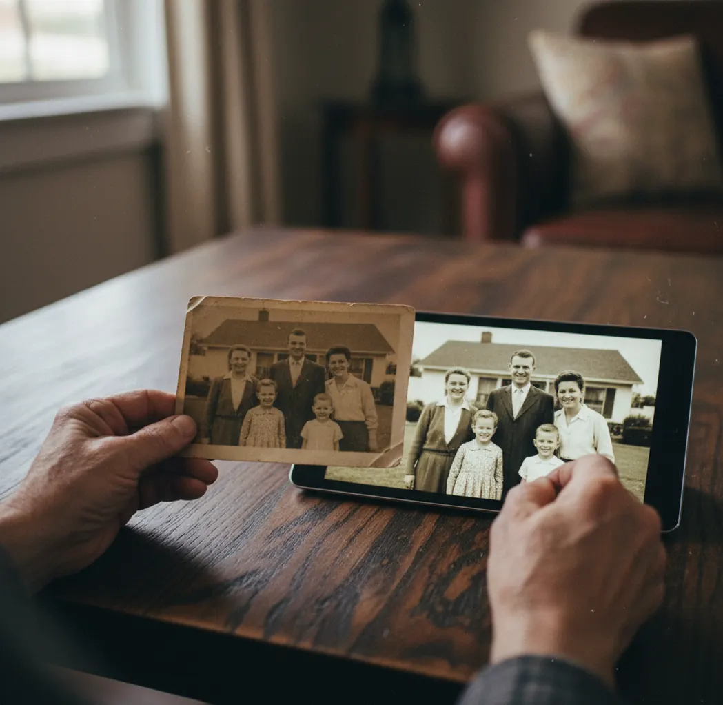 Hand holding a worn family photo while a restored version appears on a tablet beside it