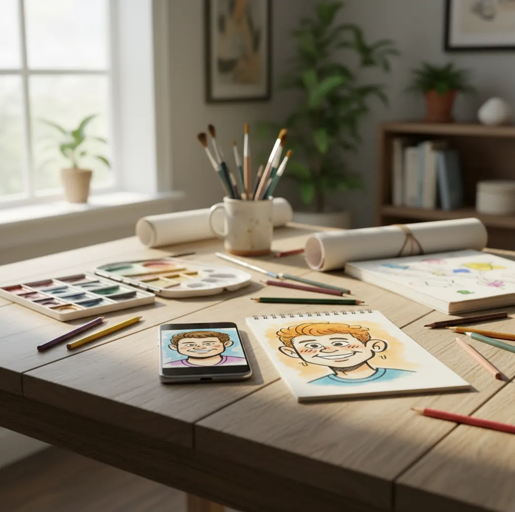 Side-by-side portrait showing a real selfie and a clean cartoon version