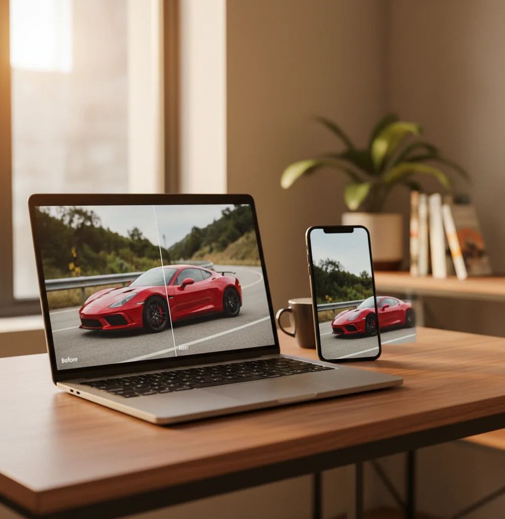 Side-by-side photo upscaling comparison showing sharper details without heavy artifacts