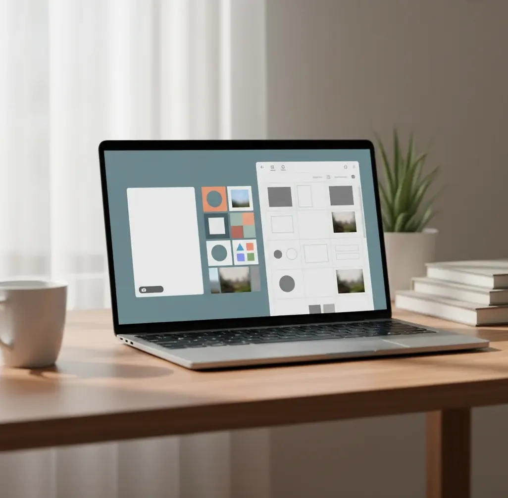 Split laptop screen comparing AI image generation on one side and design layouts on the other