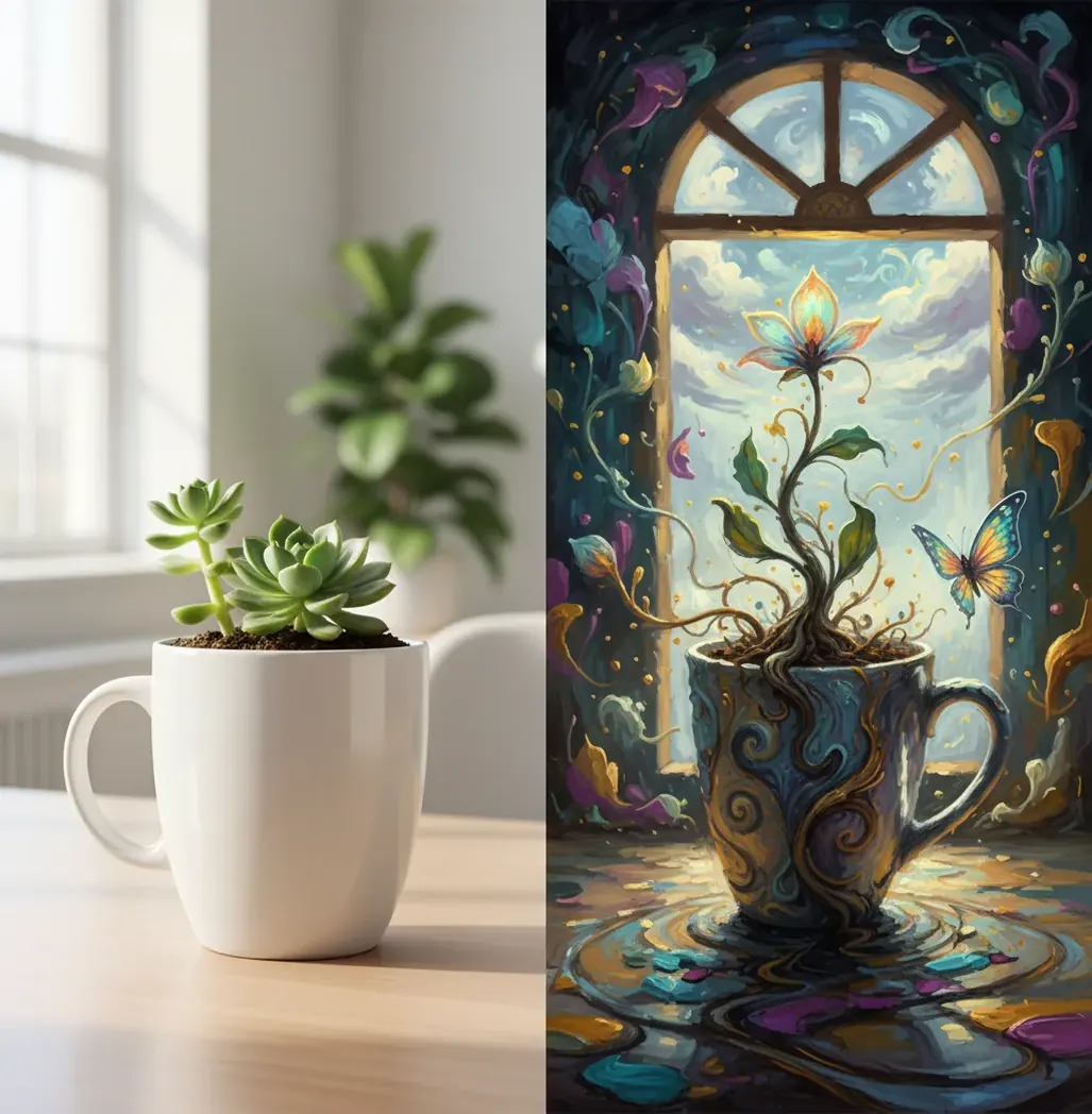 Split-screen comparison of two AI-generated scenes, one clean and one stylized, no text