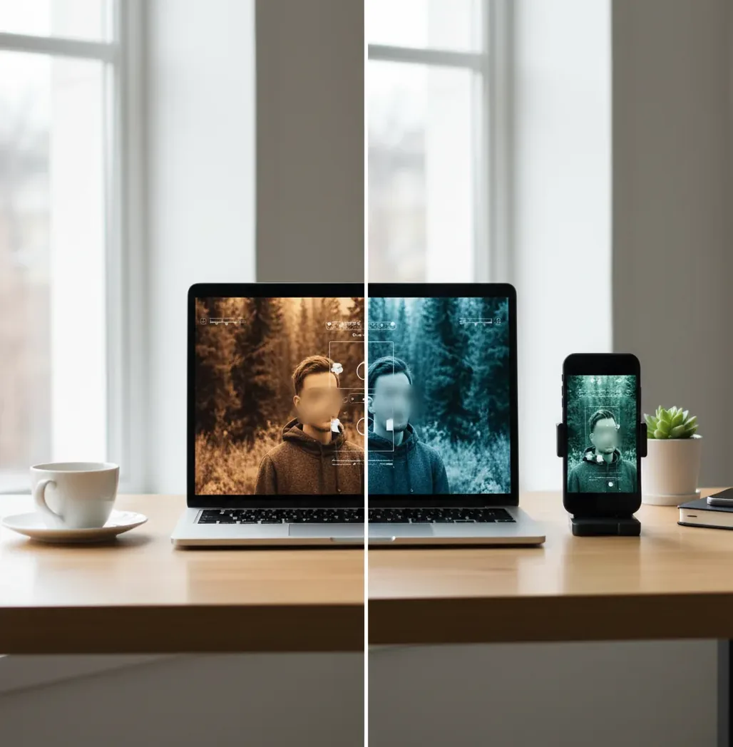 Side-by-side phone and laptop showing the same portrait edited two different ways
