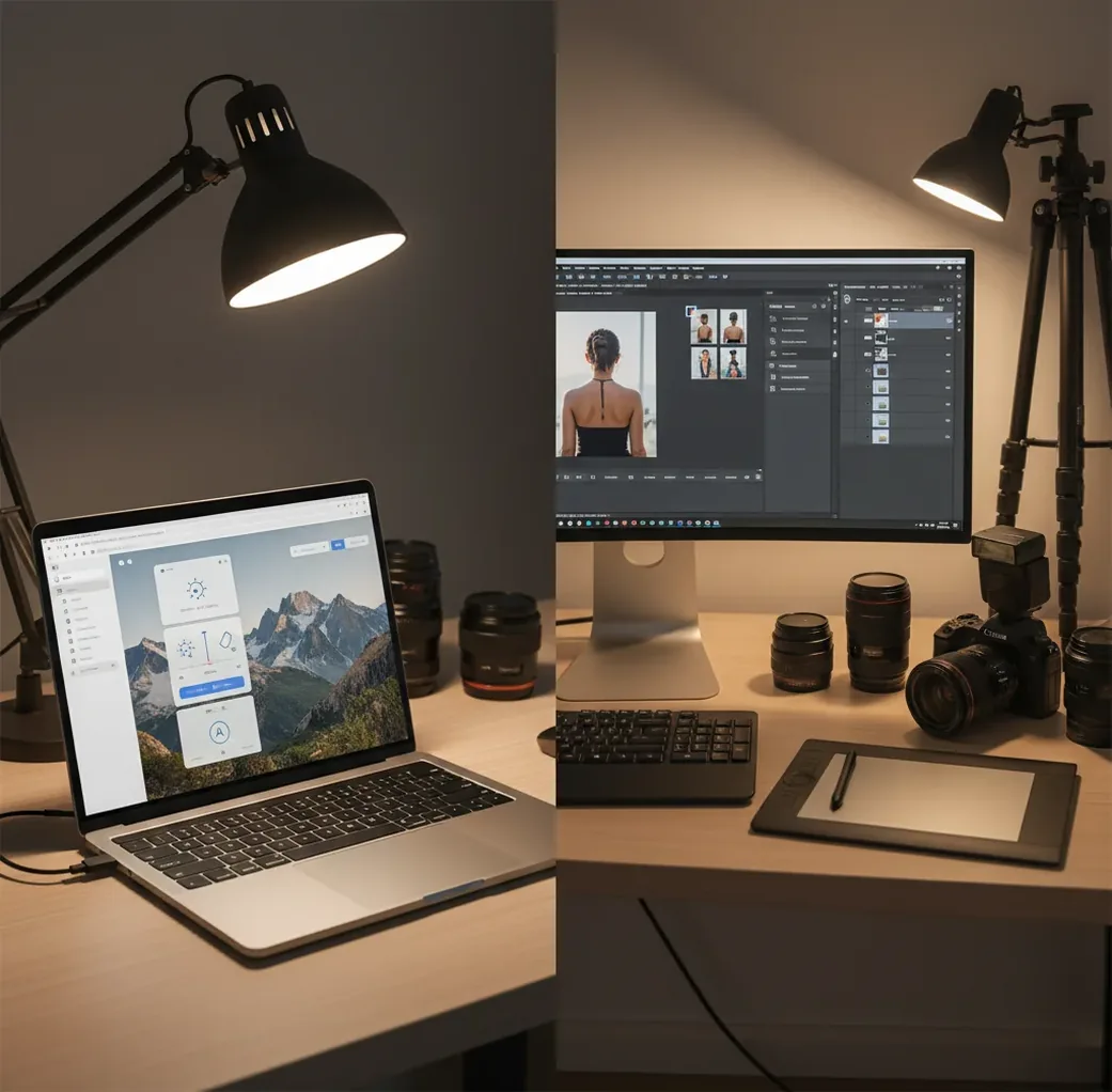 Split-screen photo edit showing quick web AI results beside layered desktop retouching workflow