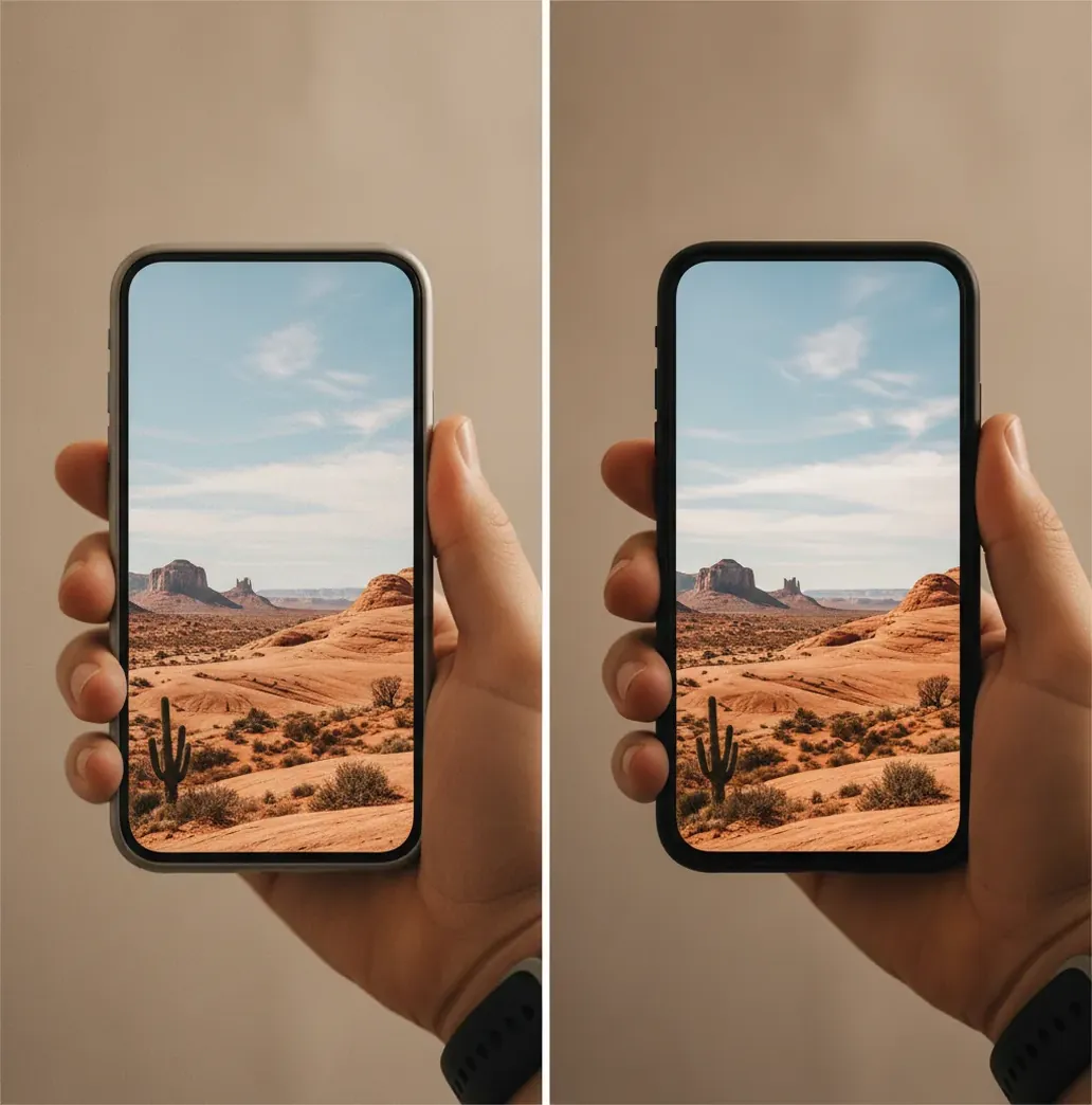 Side-by-side phone photos showing subtle AI enhancement differences in detail and noise