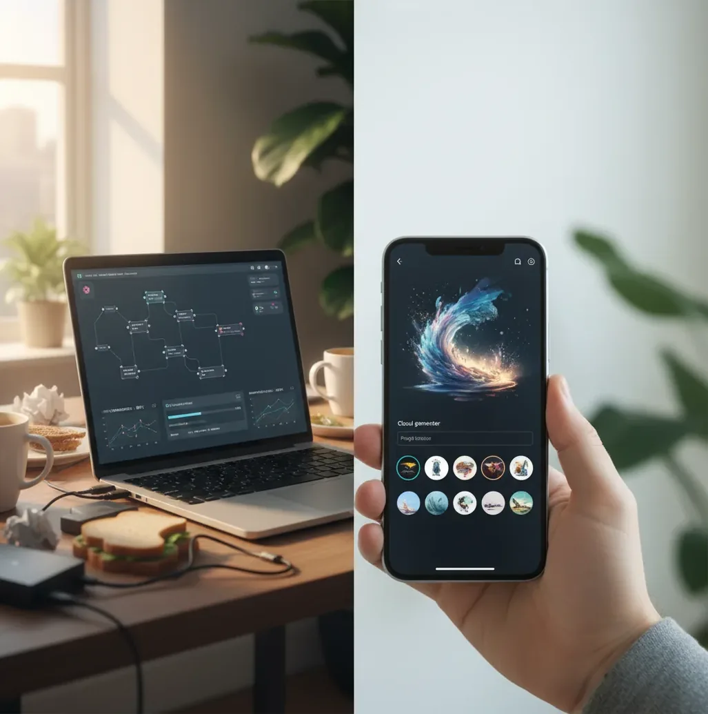 Laptop running a local AI UI beside a phone using a hosted image generator