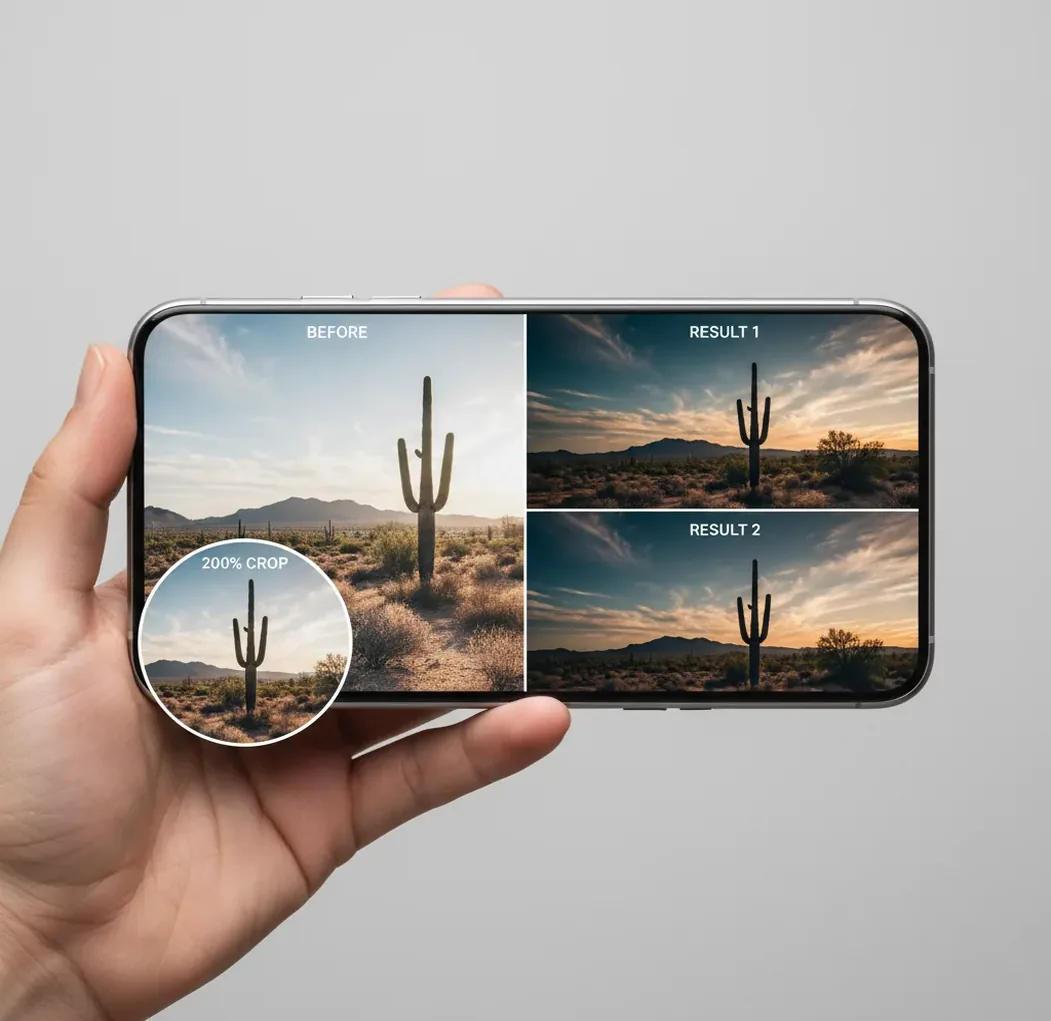 Split-screen photo enhancement comparison on a phone, showing before, two enhanced versions, and zoomed detail