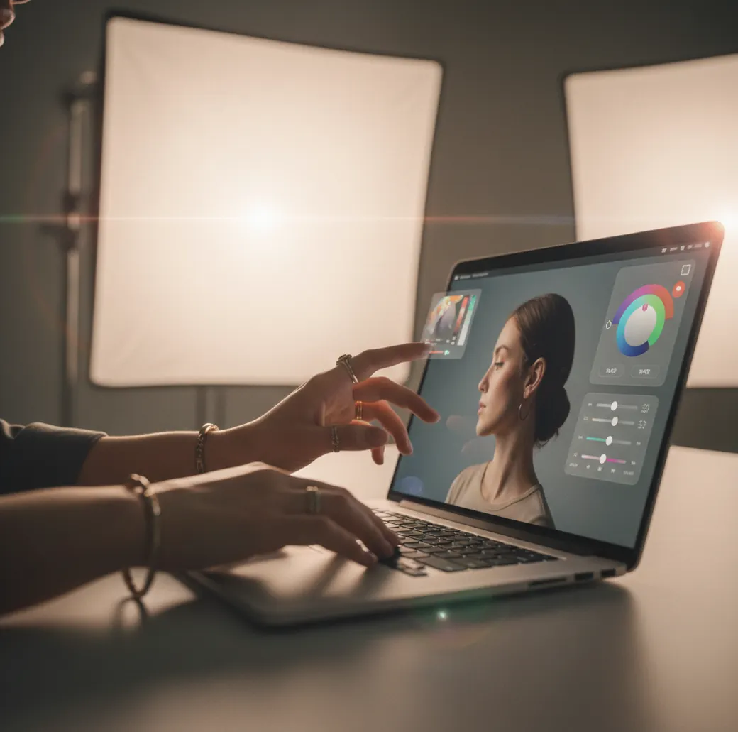 Close-up photo editing view showing skin retouch sliders and natural texture preserved