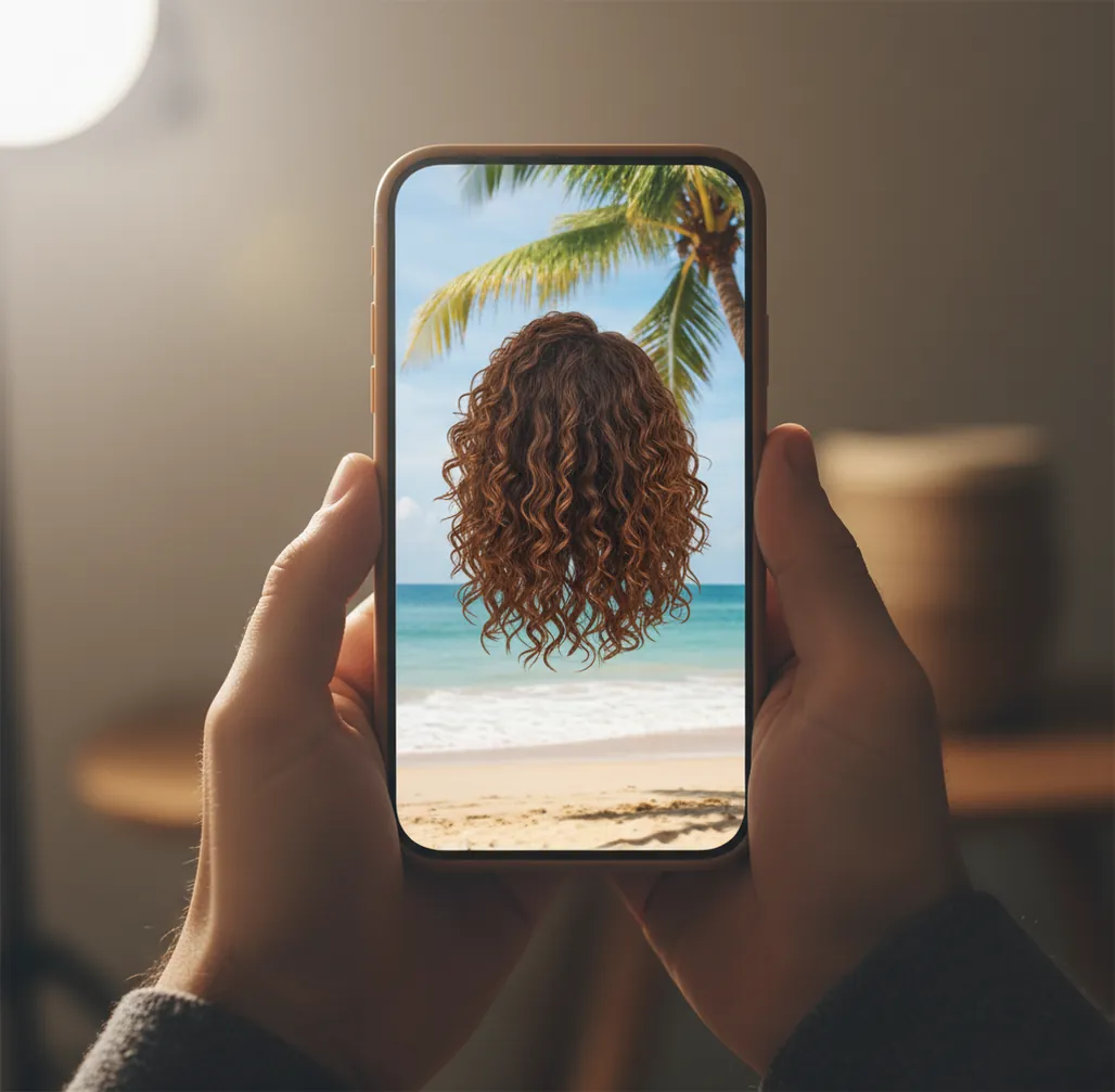 Person portrait cutout preview with swapped beach background and clean edge around hair