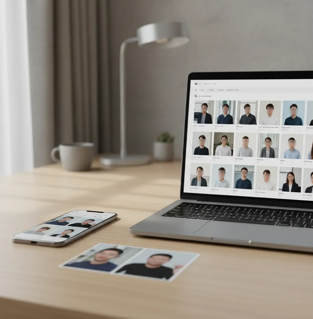 Phone screen showing AI headshot variations beside a natural selfie in soft window light