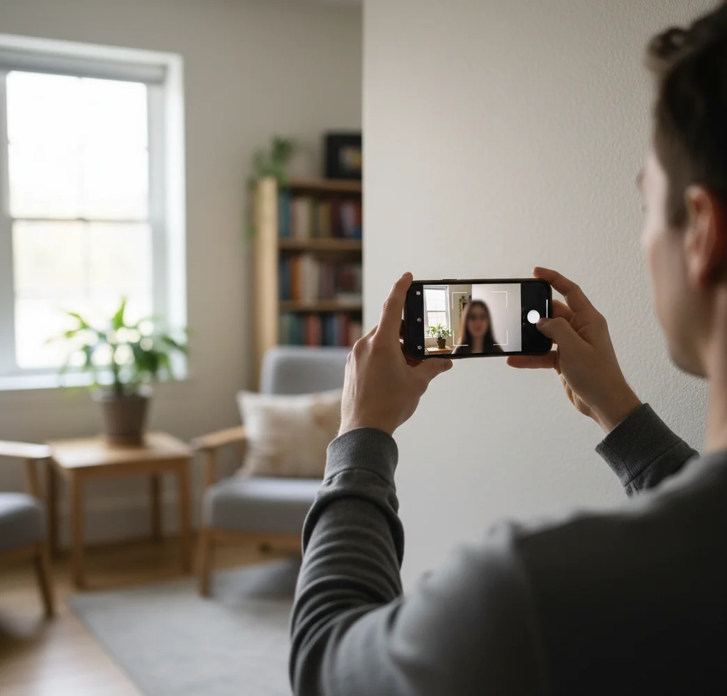 Phone-taken passport photo preview with crop frame, white background, and size check overlay.