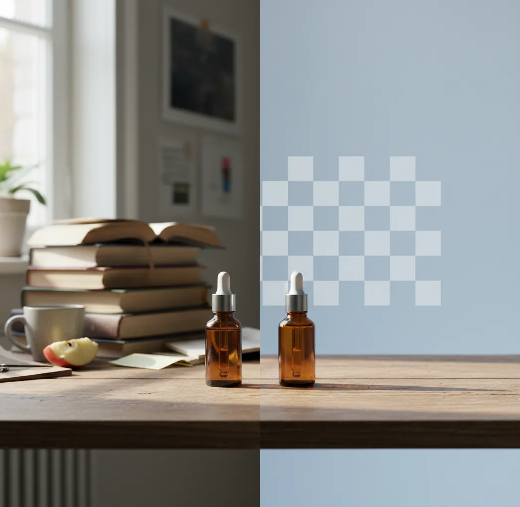 Phone photo with messy background before and after clean background removal on a desk