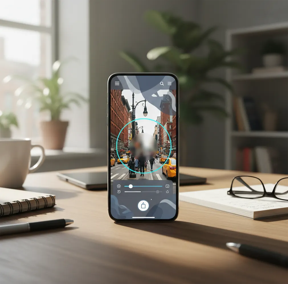 Hand holding phone editing a beach photo while removing a stray bag near sand