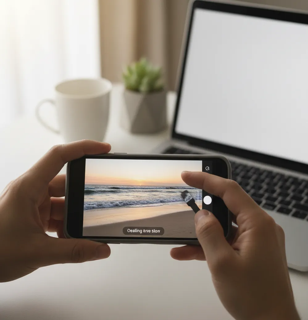Finger erasing a caption from a photo, leaving a clean background with natural texture
