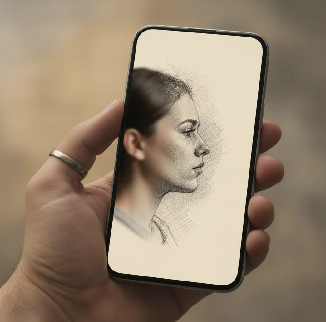 Smartphone photo transforming into a graphite sketch with visible linework and soft shading