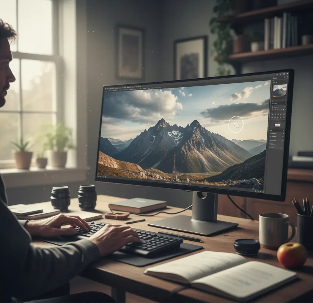Hand editing a photo while AI fills missing background pixels on a laptop screen