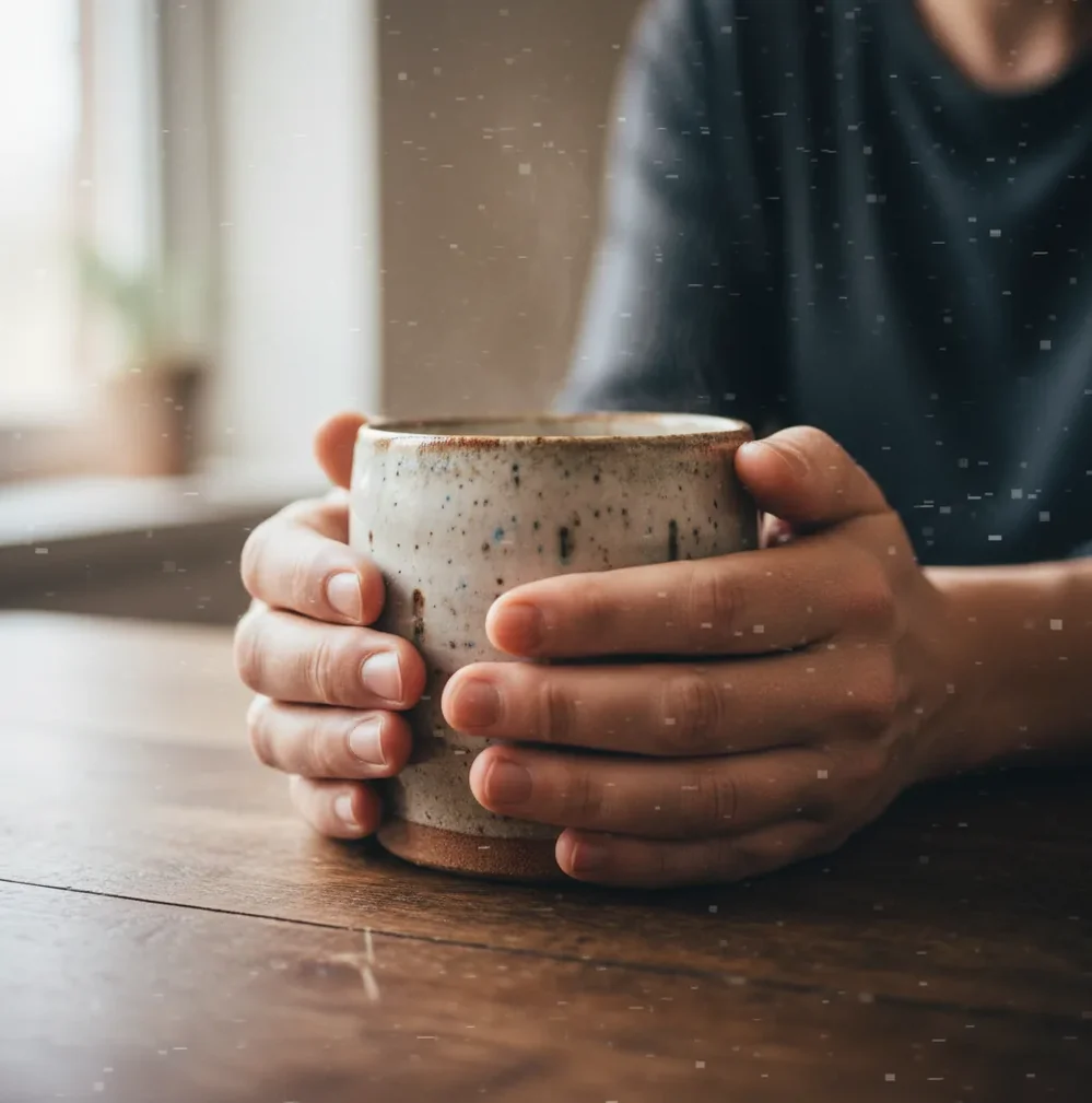 Close-up of hands with subtle AI-style artifacts, showing fingers and joints in soft light.