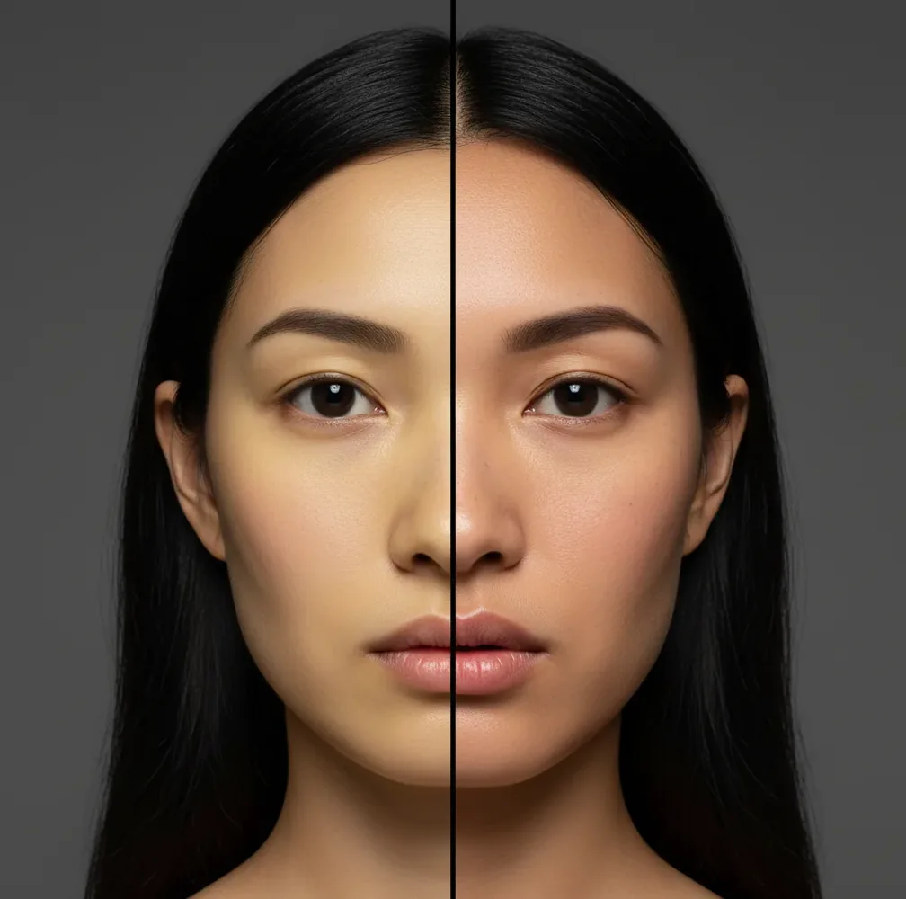 Side-by-side AI headshots showing subtle face-shape drift and corrected, more accurate results