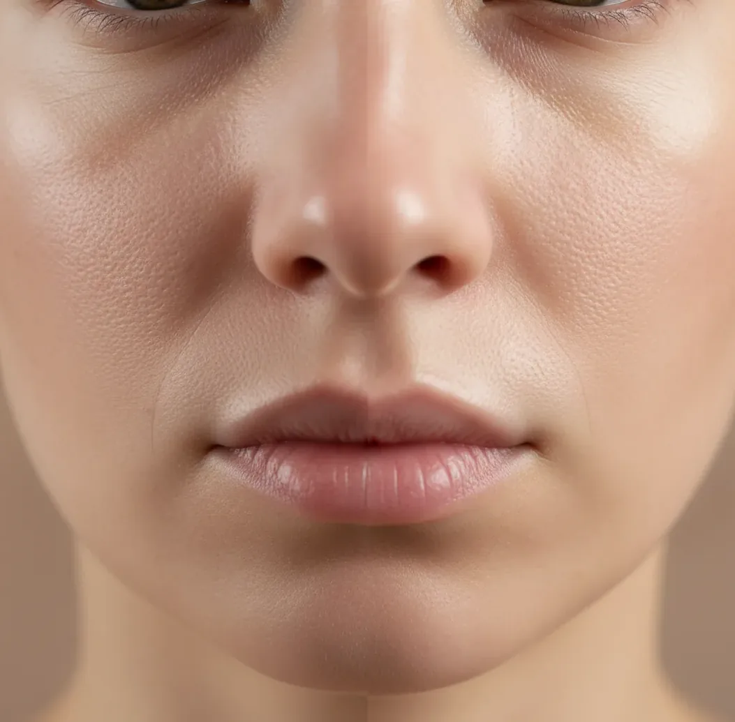 Close-up portrait crop showing natural pores versus over-smoothed, waxy AI-upscaled skin texture