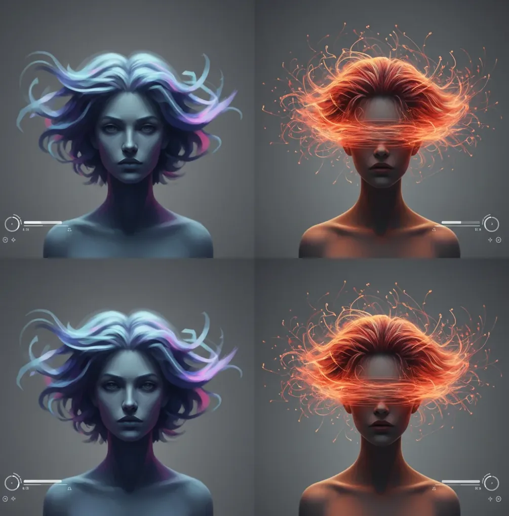 Two AI portraits made from one prompt, showing different lighting, faces, and composition