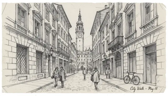 Convert photo to pencil sketch of city street scene with architectural line detail