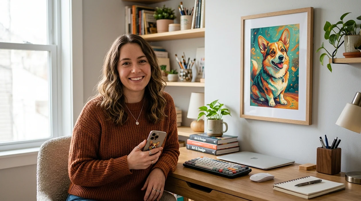 stylized pet portrait shown as an AI art output on a desk