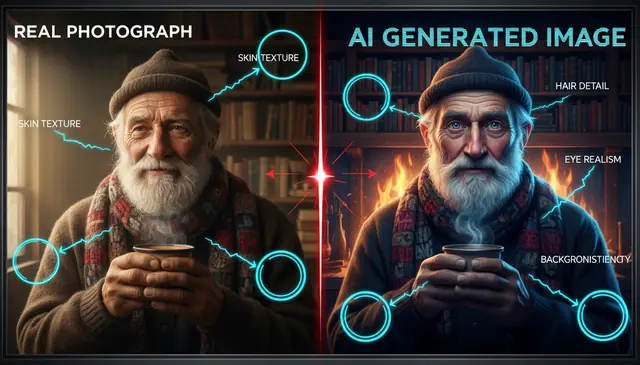 Detect AI generated photo comparison between real and synthetic images using free AI detector