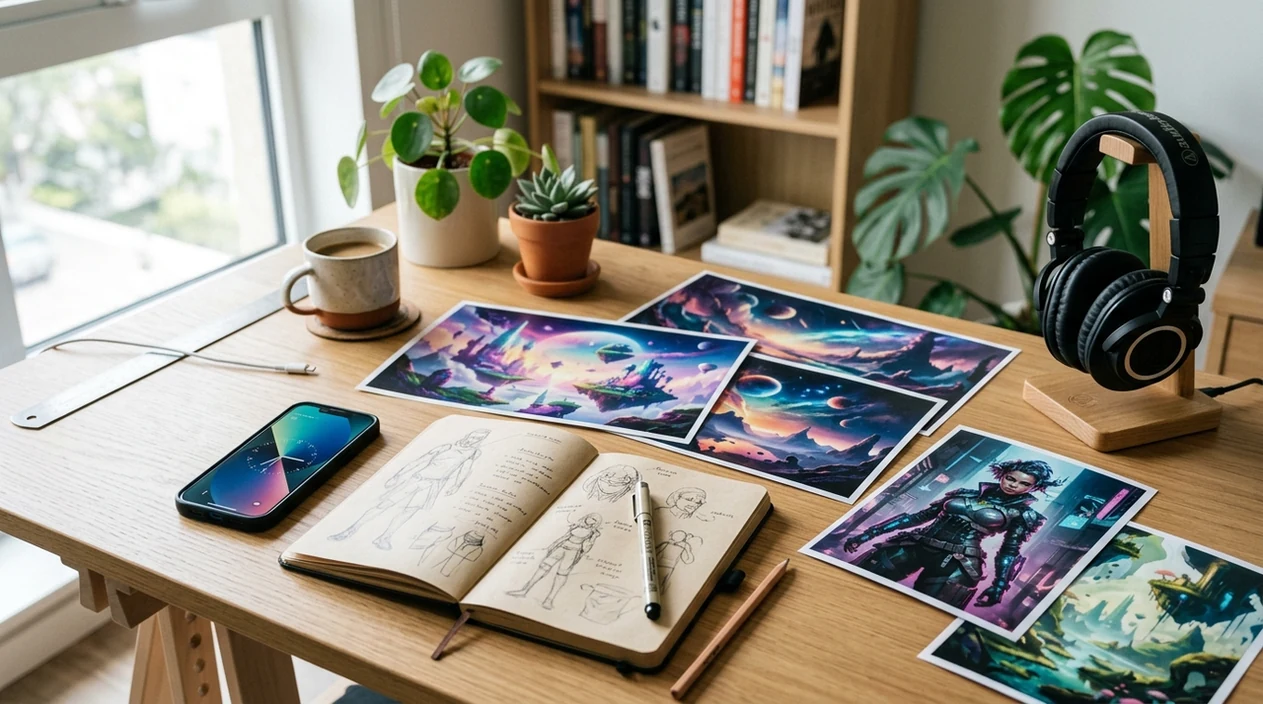 printed AI art results beside an iPhone in a creative workspace