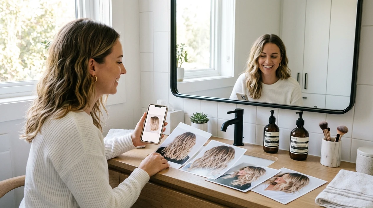 person comparing hairstyle preview results before choosing a haircut