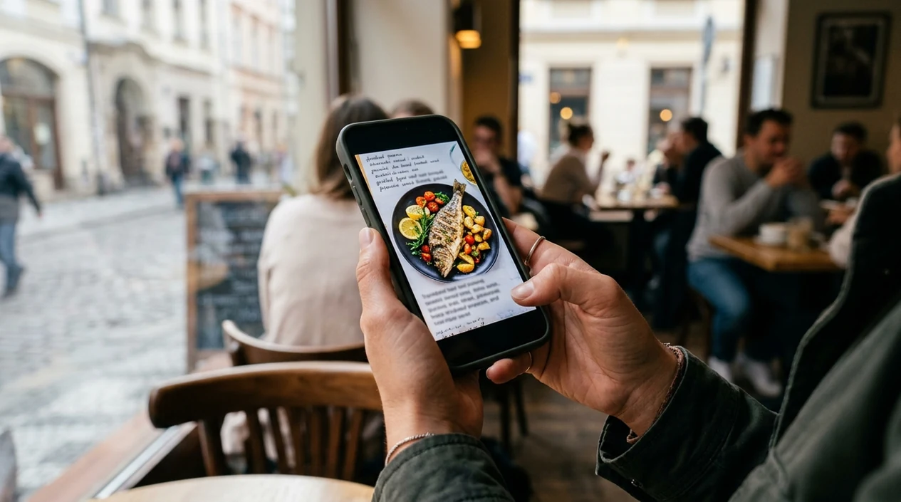 traveler viewing translated menu photo result on a smartphone