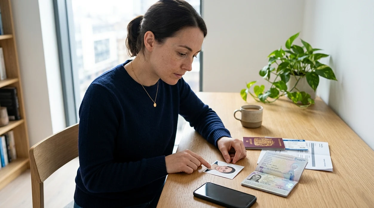 Printed passport-style photo result beside travel documents and iPhone