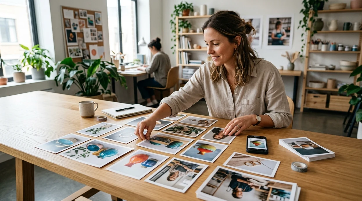 Mobile AI edited product photos and portraits in a creative workspace