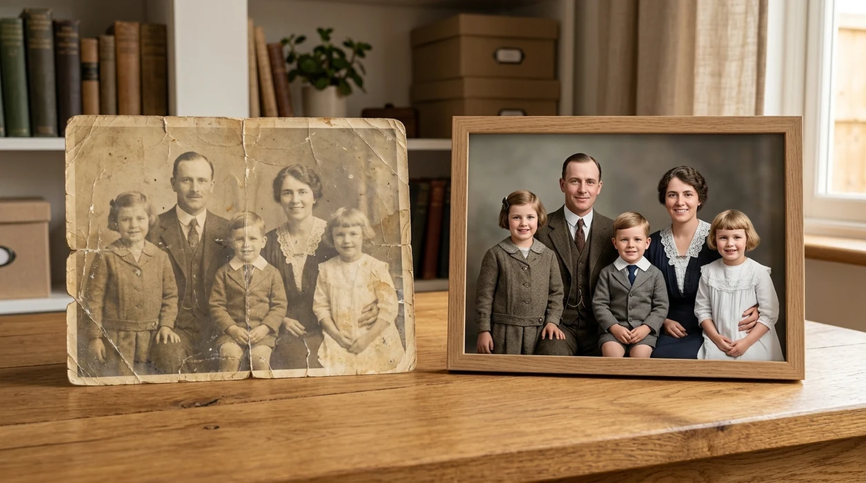 ai photo restoration app result showing restored old family portrait