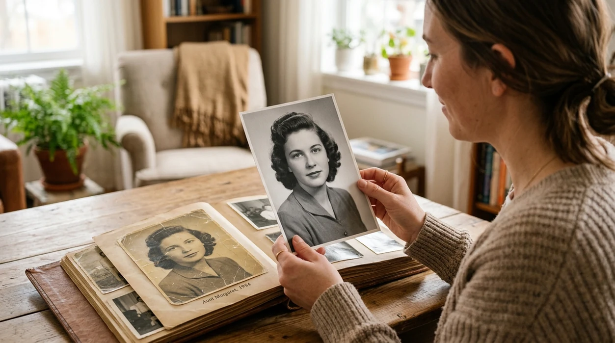 Restored vintage family photo held beside an old album