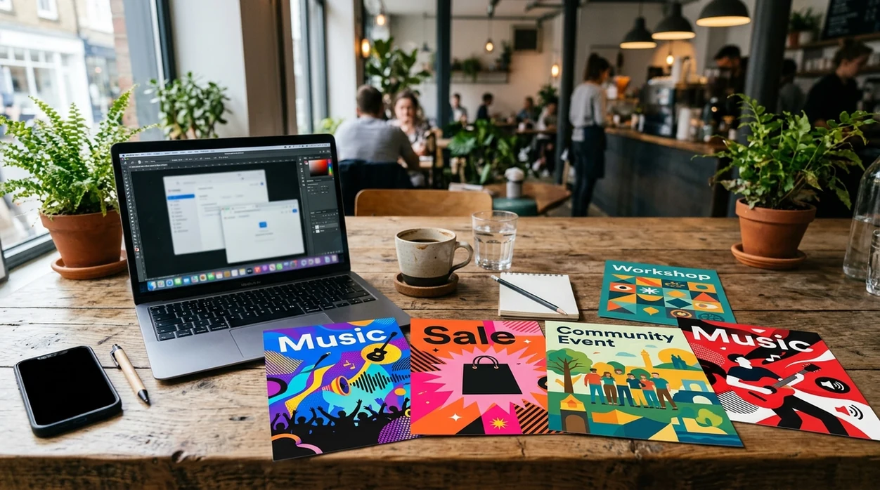 AI poster concepts displayed on a modern creative workspace