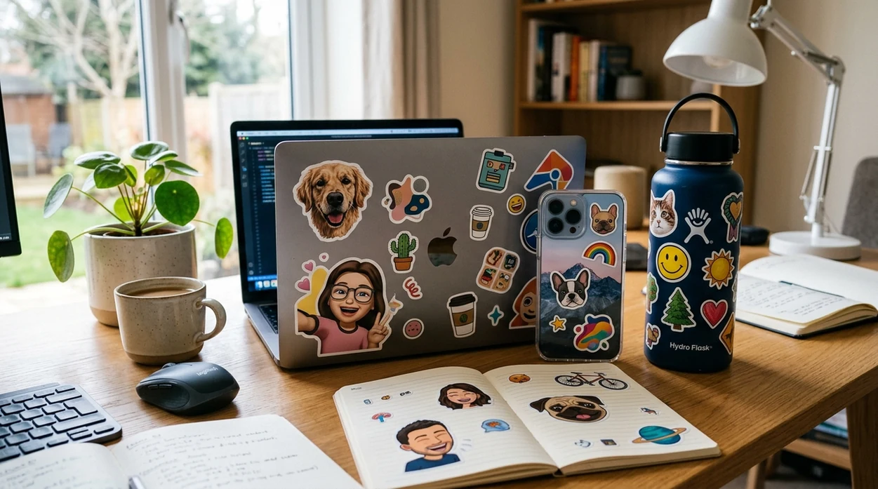 custom AI sticker results on laptop, phone case, and notebook
