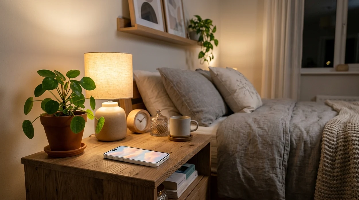 Pastel cloud wallpaper displayed on an iPhone in a cozy room