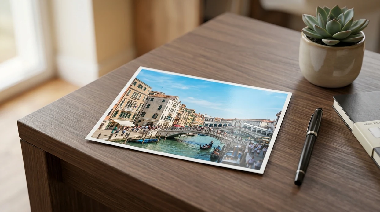 Clean travel photo after date stamp removal on a desk