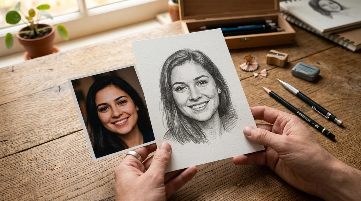 finished pencil sketch portrait shown beside original color photo