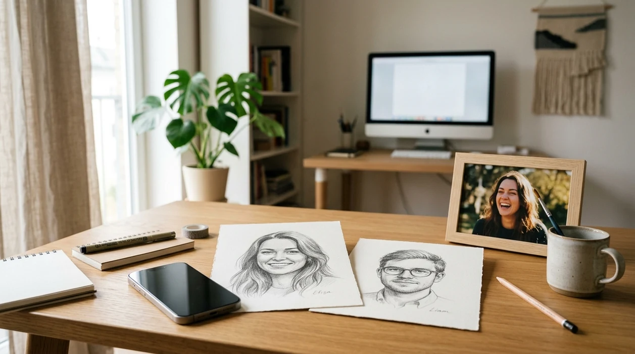 photo to sketch app outcome with pencil portrait beside original photo