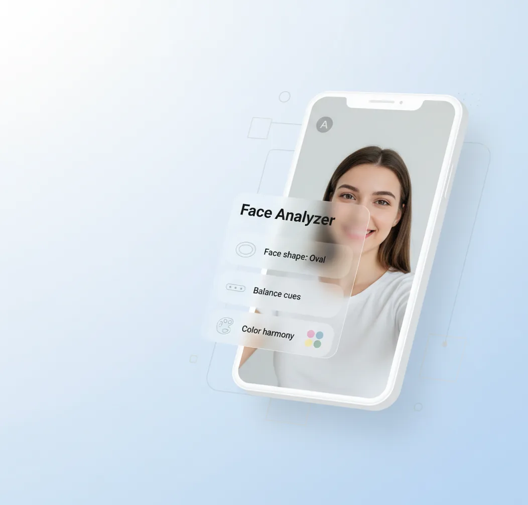 Before and after: selfie with face analyzer overlay showing face shape and color harmony suggestions in the Pict.AI mobile app