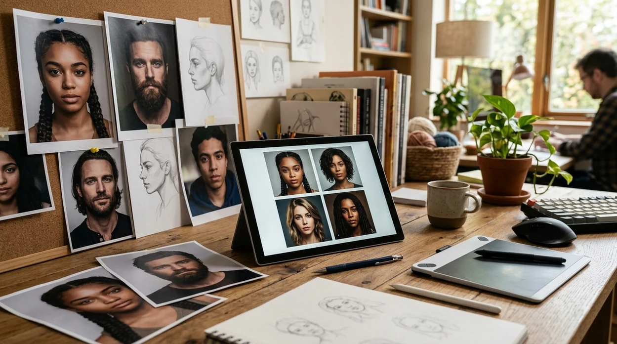 designer reference board with realistic AI face variations for character concepts