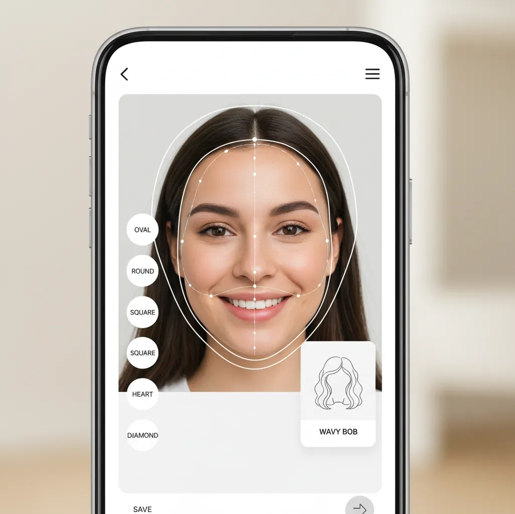 Before and after view of a selfie with an AI face-shape outline and hairstyle guidance overlay inside the Pict.AI mobile app